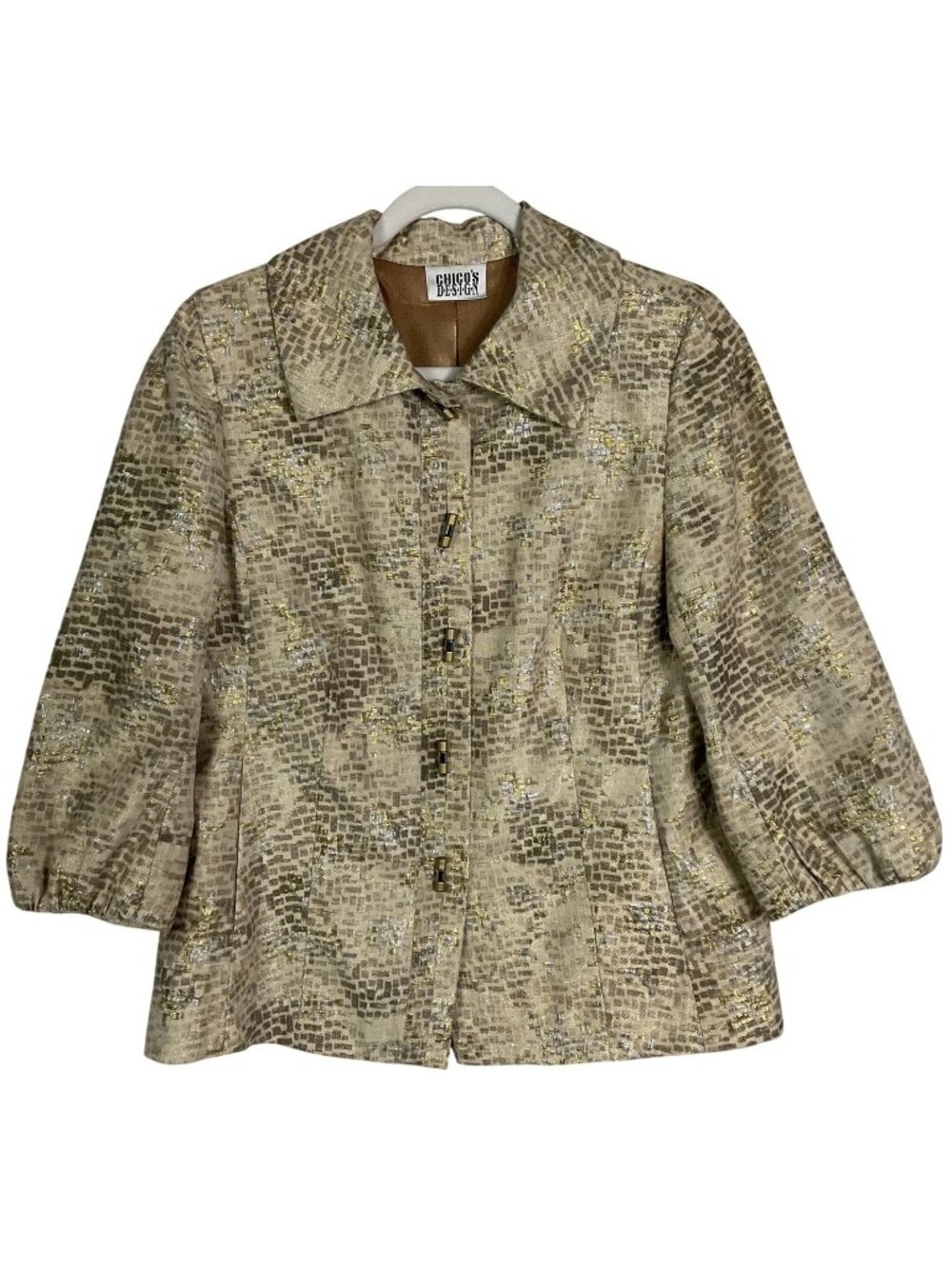 Chico's Metallic Jacquard Jacket Gold Silver Textured Blazer 3/4 Sleeve, US 8